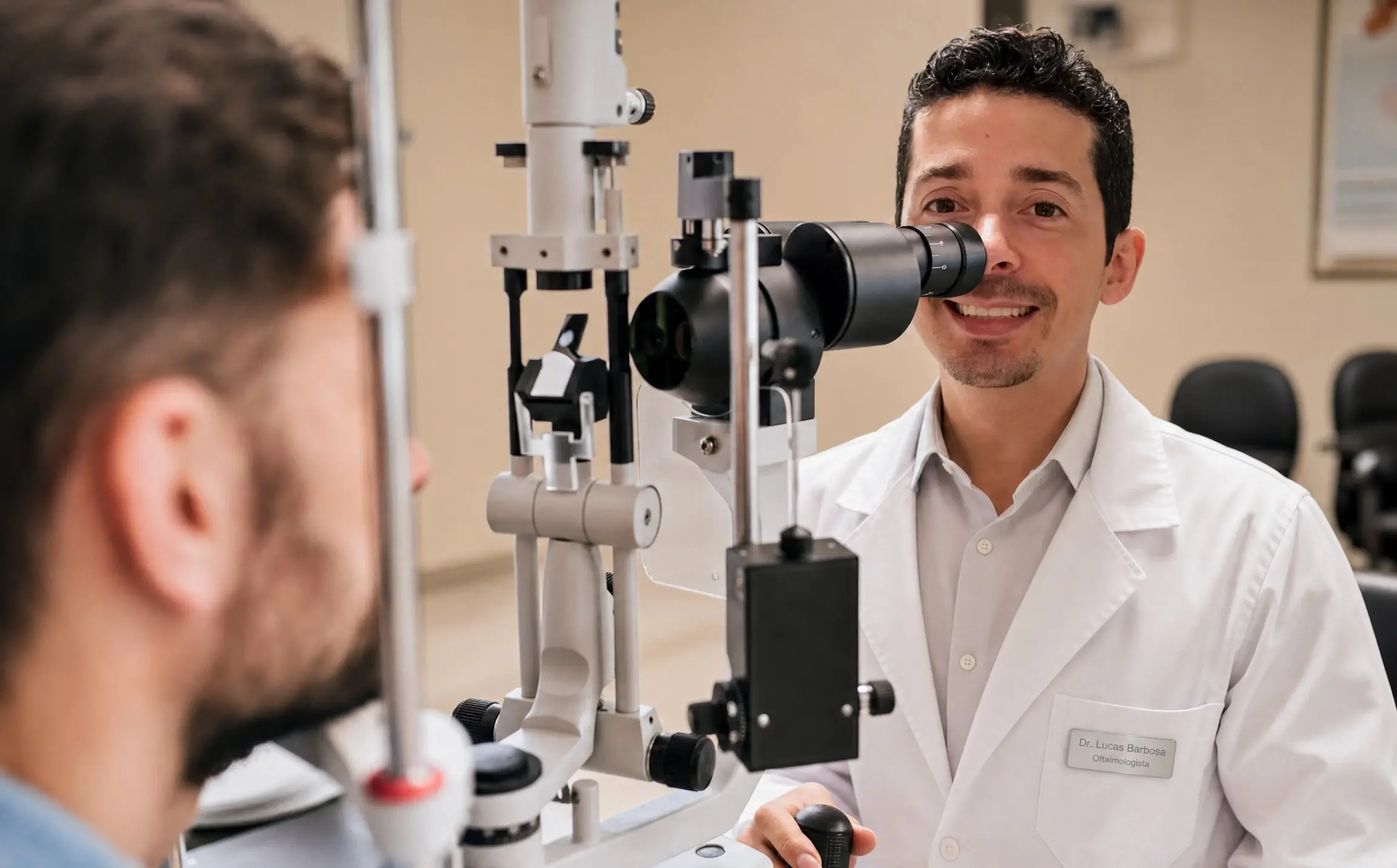 Dr. Lucas Barbosa realizando exame com lâmpada de fenda em consultório oftalmológico